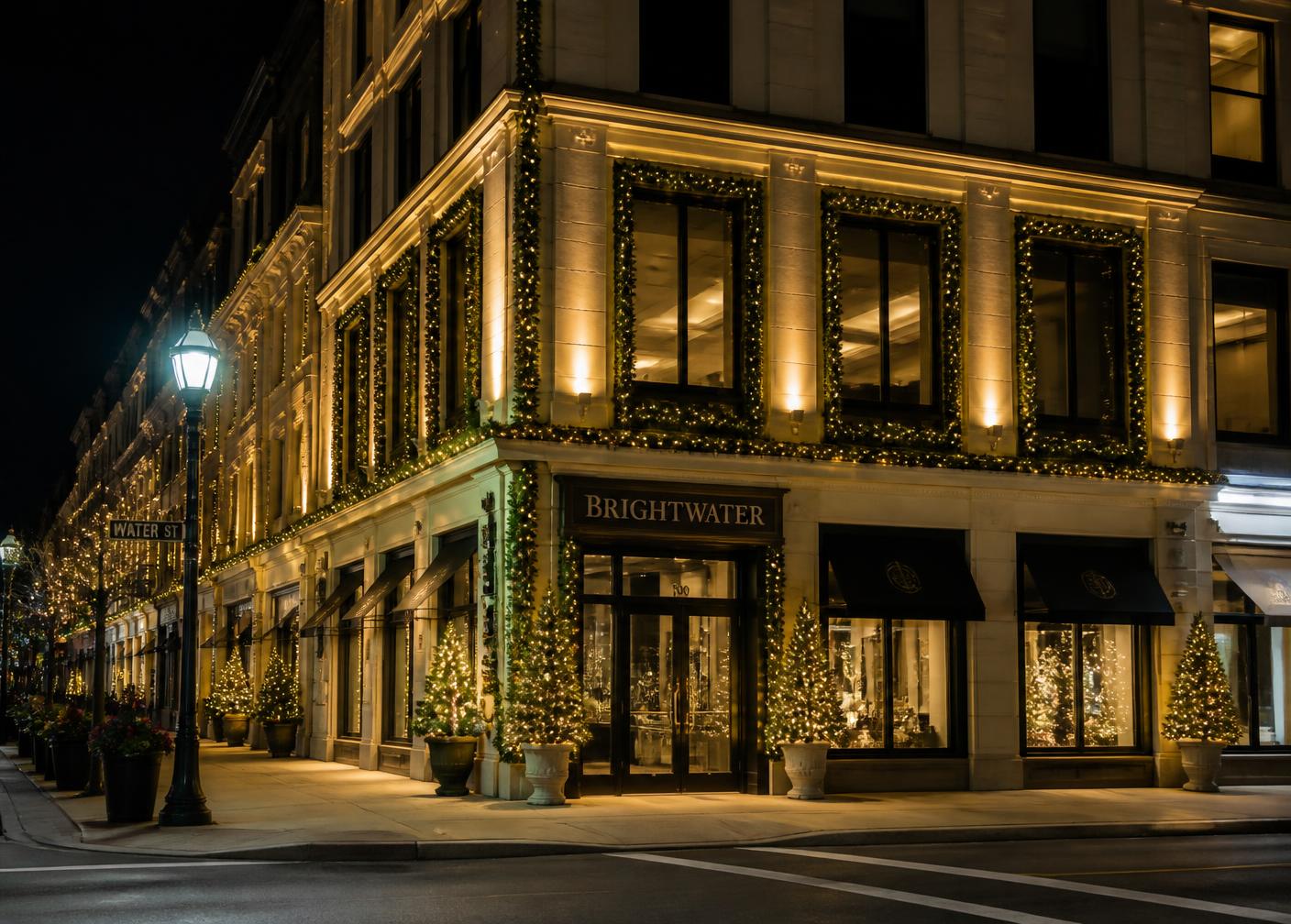 Downtown storefront outlined in warm white lights and lit garland at night