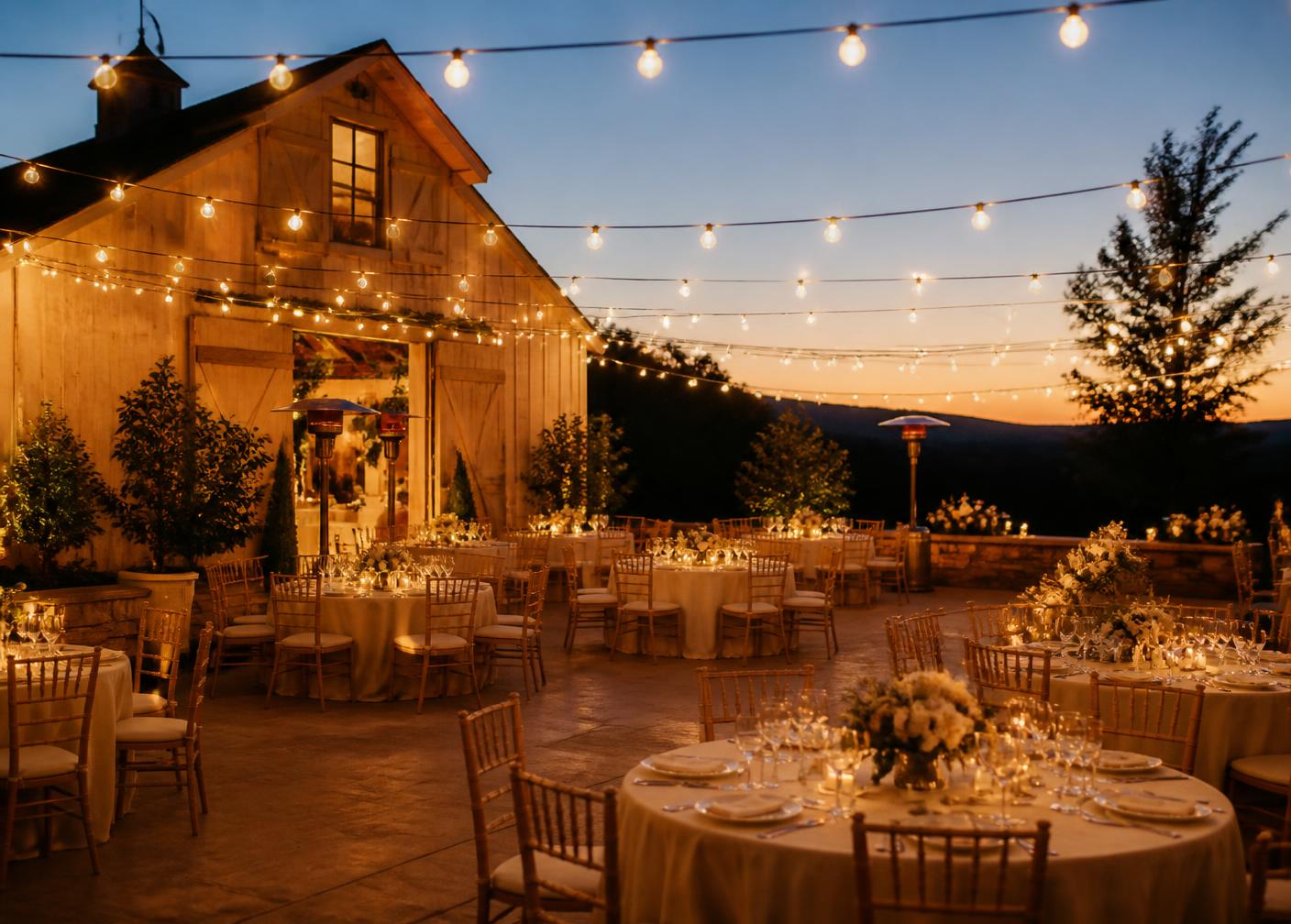 Bistro string lights over an outdoor wedding reception at dusk