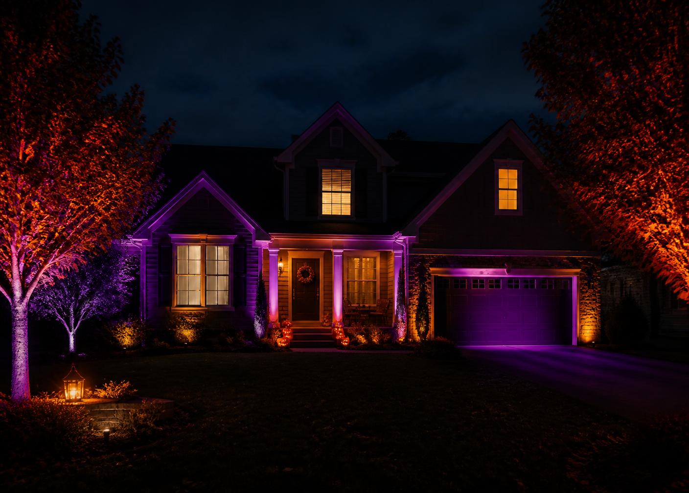 Home lit with purple and orange Halloween accent lighting