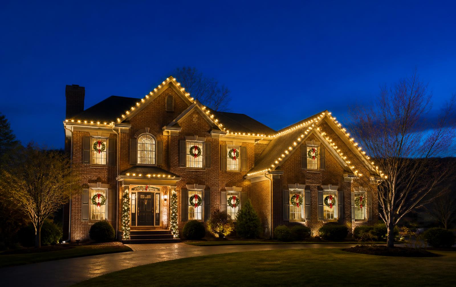 Two-story brick home with warm white C9 lights along every roofline at dusk
